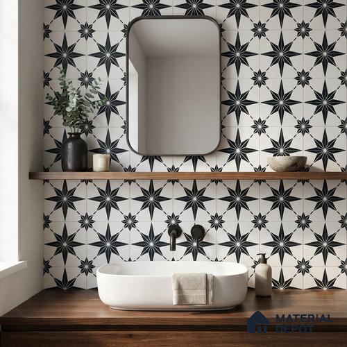 Moroccan Monochrome Wall & Floor Tile TL 11140 Stellar Noir 1 ft x 1 ft Ceramic Matte Finish Tile - 10 mm | Suitable For Bathroom, Balcony & Kitchen Backsplash