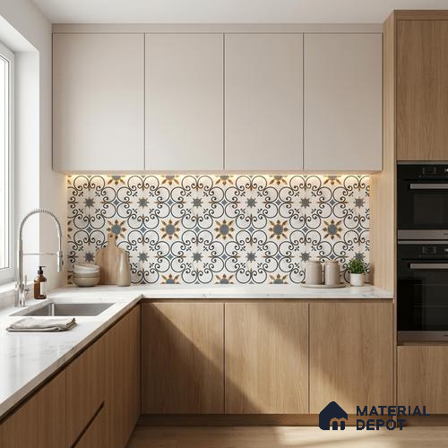Moroccan Carving Wall & Floor Tile TL 11666 Baroque Fleur 1 ft x 1 ft Ceramic Carving Matte Finish Tile - 10 mm | Suitable For Bathroom, Dining Area & Kitchen Backsplash