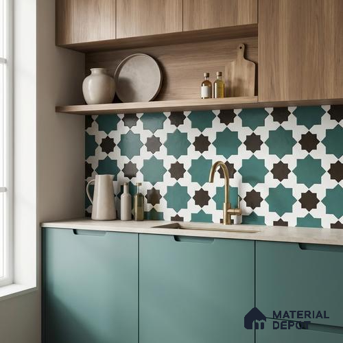 Moroccan Wall & Floor Tile TL 11109 Emerald Star Mosaic 1 ft x 1 ft Ceramic Matte Finish Tile - 10 mm | Suitable For Bathroom, Balcony & Kitchen Backsplash