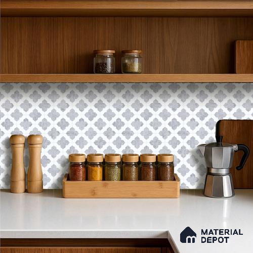 Moroccan Carving Wall & Floor Tile TL 11674 Silver Arabesque 1 ft x 1 ft Ceramic Carving Matte Finish Tile - 10 mm | Suitable For Bathroom, Dining Area & Kitchen Backsplash