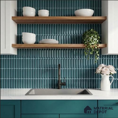 Faux Kitkat Subway Wall Tile TL 11312 Teal Arrowline 1 ft x 1 ft Ceramic Glossy Finish Tile - 10 mm | Suitable For Bathroom, Balcony & Kitchen Backsplash