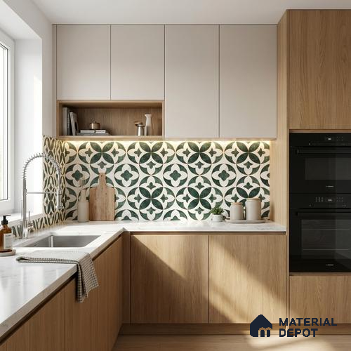 Moroccan Carving Wall & Floor Tile TL 11677 Verde Royale 1 ft x 1 ft Ceramic Carving Matte Finish Tile - 10 mm | Suitable For Bathroom, Dining Area & Kitchen Backsplash