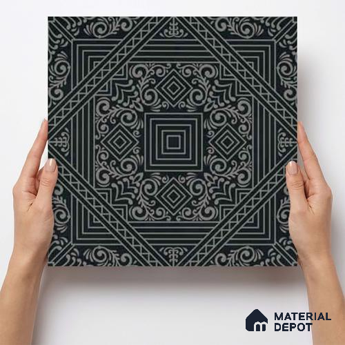 Moroccan Wall & Floor Carpet Center Tile TL 11173 Noir Tapestry 1 ft x 1 ft Ceramic Matte Finish Tile - 10 mm | Suitable For Bathroom, Balcony & Kitchen Backsplash