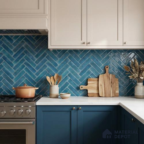 Faux Subway Wall Tile TL 11683 Indigo Herringbone 2 ft x 1 ft Ceramic Glossy Finish Tile - 9 mm | Suitable For Bathroom, Balcony & Kitchen Backsplash