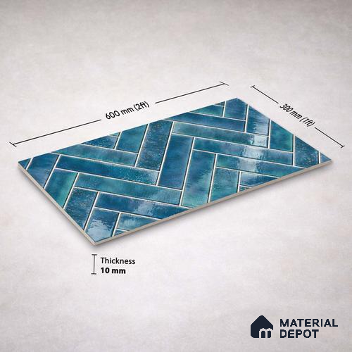 Faux Subway Wall Tile TL 11683 Indigo Herringbone 2 ft x 1 ft Ceramic Glossy Finish Tile - 9 mm | Suitable For Bathroom, Balcony & Kitchen Backsplash