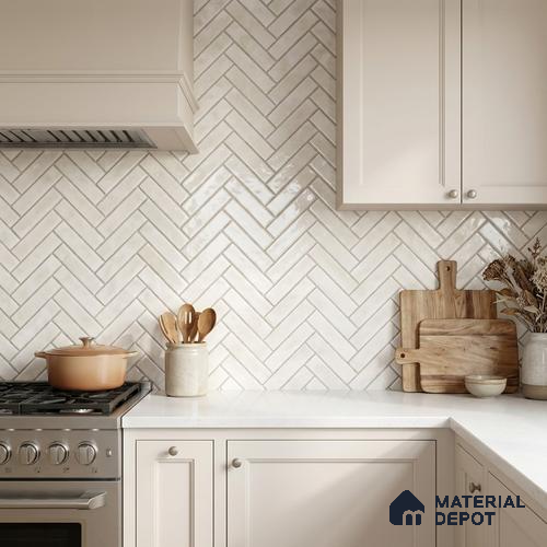 Faux Subway Wall Tile TL 11683 B Ivory Herringbone 2 ft x 1 ft Ceramic Glossy Finish Tile - 9 mm | Suitable For Bathroom, Balcony & Kitchen Backsplash
