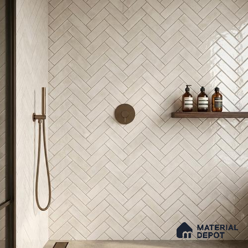 Faux Subway Wall Tile TL 11683 B Ivory Herringbone 2 ft x 1 ft Ceramic Glossy Finish Tile - 9 mm | Suitable For Bathroom, Balcony & Kitchen Backsplash