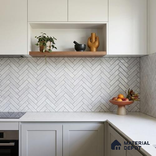 Faux Subway Wall Tile TL 11683 C Frosted Herringbone 2 ft x 1 ft Ceramic Glossy Finish Tile - 9 mm | Suitable For Bathroom, Balcony & Kitchen Backsplash