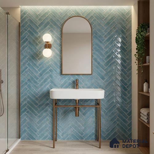 Faux Subway Wall Tile TL 11683 D Azure Herringbone 2 ft x 1 ft Ceramic Glossy Finish Tile - 9 mm | Suitable For Bathroom, Balcony & Kitchen Backsplash