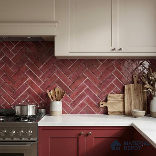 Faux Subway Wall Tile TL 11683 E Crimson Herringbone 2 ft x 1 ft Ceramic Glossy Finish Tile - 9 mm | Suitable For Bathroom, Balcony & Kitchen Backsplash