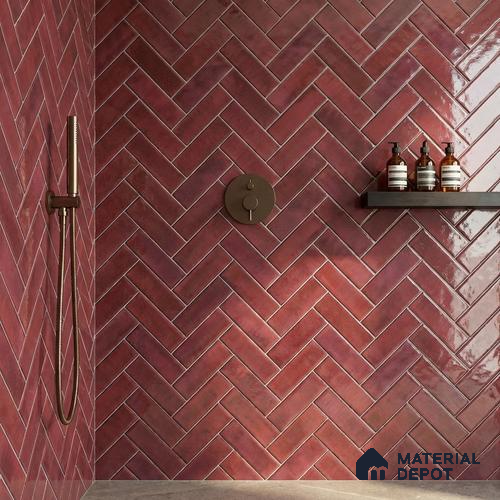 Faux Subway Wall Tile TL 11683 E Crimson Herringbone 2 ft x 1 ft Ceramic Glossy Finish Tile - 9 mm | Suitable For Bathroom, Balcony & Kitchen Backsplash