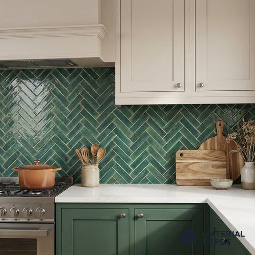 Faux Subway Wall Tile TL 11683 F Forest Herringbone 2 ft x 1 ft Ceramic Glossy Finish Tile - 9 mm | Suitable For Bathroom, Balcony & Kitchen Backsplash
