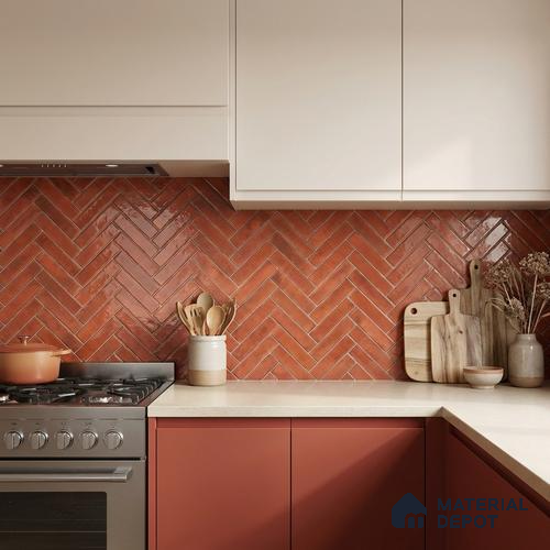 Faux Subway Wall Tile TL 11683 G Terracotta Herringbone 2 ft x 1 ft Ceramic Glossy Finish Tile - 9 mm | Suitable For Bathroom, Balcony & Kitchen Backsplash