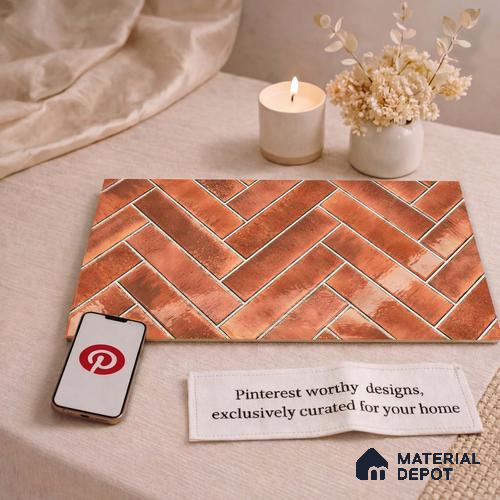 Faux Subway Wall Tile TL 11683 G Terracotta Herringbone 2 ft x 1 ft Ceramic Glossy Finish Tile - 9 mm | Suitable For Bathroom, Balcony & Kitchen Backsplash