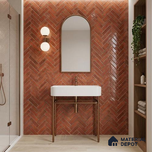 Faux Subway Wall Tile TL 11683 G Terracotta Herringbone 2 ft x 1 ft Ceramic Glossy Finish Tile - 9 mm | Suitable For Bathroom, Balcony & Kitchen Backsplash