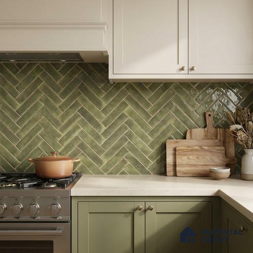 Faux Subway Wall Tile TL 11683 H Verdant Herringbone 2 ft x 1 ft Ceramic Glossy Finish Tile - 9 mm | Suitable For Bathroom, Balcony & Kitchen Backsplash