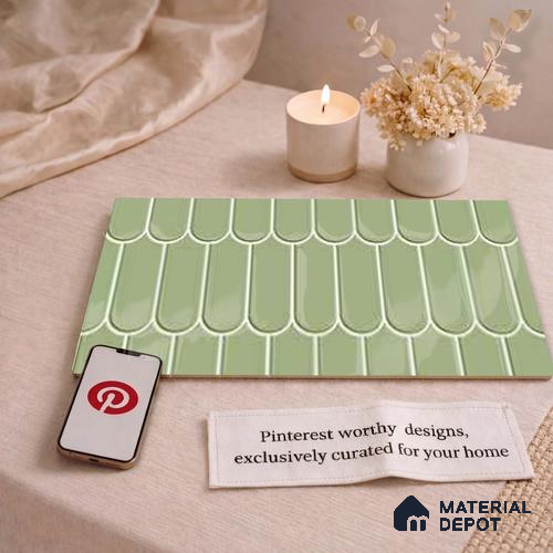 Faux Subway Wall Tile TL 11281 Sage Scallop 2 ft x 1 ft Ceramic Glossy Finish Tile - 9 mm | Suitable For Bathroom, Balcony & Kitchen Backsplash