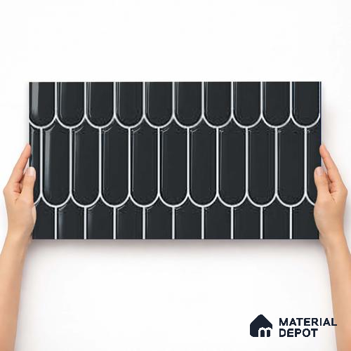 Faux Subway Wall Tile TL 11276 Midnight Scallop 2 ft x 1 ft Ceramic Glossy Finish Tile - 9 mm | Suitable For Bathroom, Balcony & Kitchen Backsplash