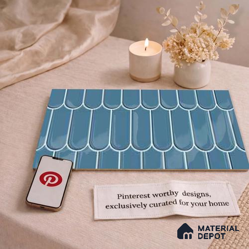 Faux Subway Wall Tile TL 11275 Azure Scallop 2 ft x 1 ft Ceramic Glossy Finish Tile - 9 mm | Suitable For Bathroom, Balcony & Kitchen Backsplash