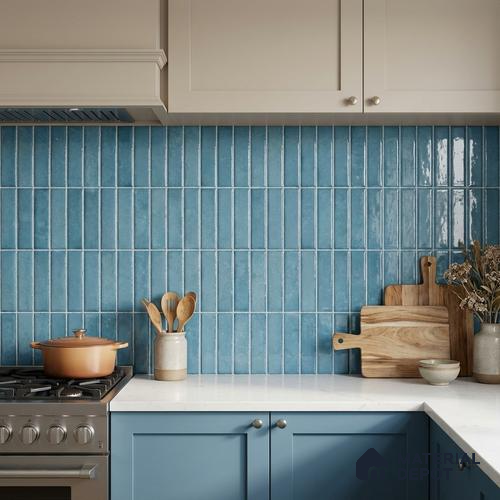 Faux Kitkat Subway Wall Tile TL 11684 C Azure Stria 2 ft x 1 ft Ceramic Glossy Finish Tile - 9 mm | Suitable For Bathroom, Balcony & Kitchen Backsplash