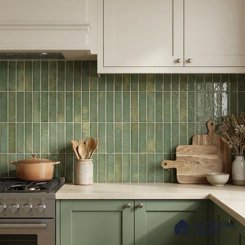 Faux Kitkat Subway Wall Tile TL 11684 H Verdant Stria 2 ft x 1 ft Ceramic Glossy Finish Tile - 9 mm | Suitable For Bathroom, Balcony & Kitchen Backsplash