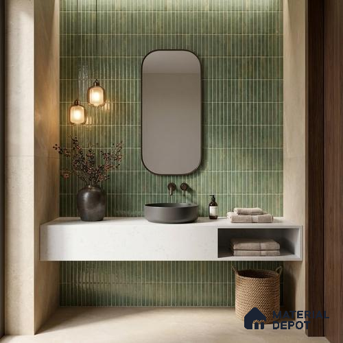 Faux Kitkat Subway Wall Tile TL 11684 H Verdant Stria 2 ft x 1 ft Ceramic Glossy Finish Tile - 9 mm | Suitable For Bathroom, Balcony & Kitchen Backsplash