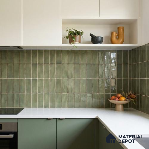 Faux Subway Wall Tile TL 11681 H Olive Linear 2 ft x 1 ft Ceramic Glossy Finish Tile - 9 mm | Suitable For Bathroom, Balcony & Kitchen Backsplash