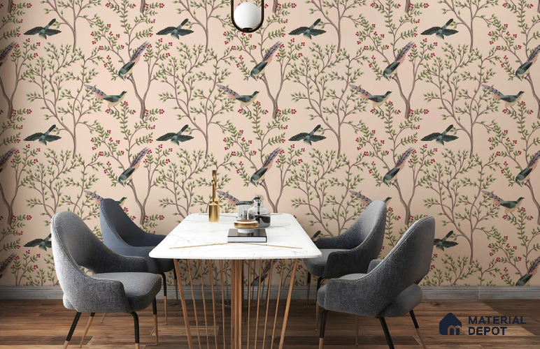Berrywing Grove Chinoserie Blossom Oriental Mural Art | WP 04012 Non Woven Matte Finish Chinoiserie Style Premium Customized size Wallpaper | 150 GSM WP01MTF Paper | (MOQ = 30 Sq. Ft.)