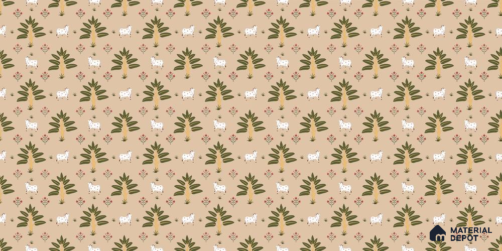 Ethnic Pichwai Cow Wallpaper Amidst Lush Banana Trees and Sacred Harmony Wallpaper | Material Depot