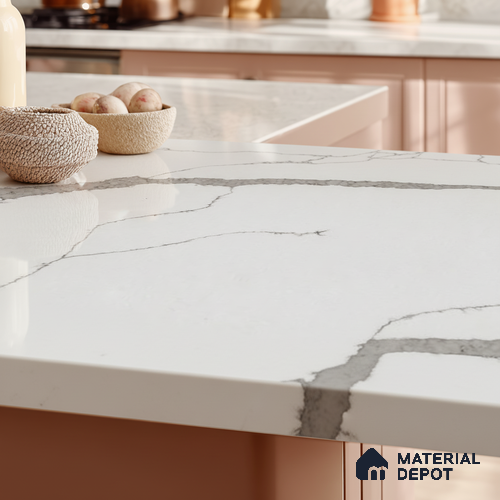 Belina Quartz QR 00290 Calacatta Firenze Helsinki Series 10.5 ft x 5.35 ft Quartz - 20 mm | 10 Years and Replacement Warranty | Suitable for Kitchen, Restaurant, Counter Tops, Dining, Reception, office