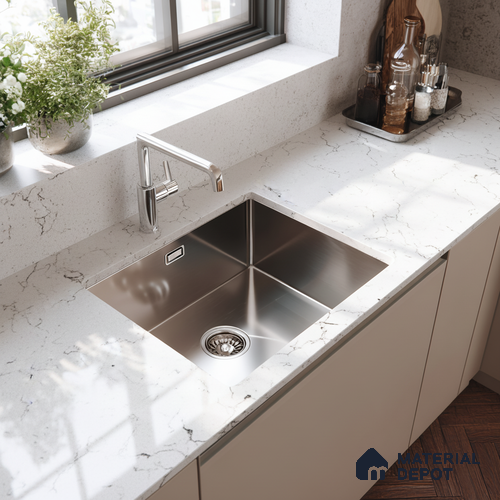 Belina Quartz QR 00323 Carrara Lucento Helsinki Series 10.5 ft x 5.35 ft Quartz - 20 mm | 10 Years and Replacement Warranty | Suitable for Kitchen, Restaurant, Counter Tops, Dining, Reception, office