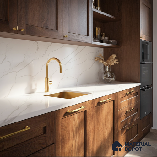 Belina Quartz QR 00295 Calacatta Rustic Umber Helsinki Series 10.5 ft x 5.35 ft Quartz - 20 mm | 10 Years and Replacement Warranty | Suitable for Kitchen, Restaurant, Counter Tops, Dining, Reception, office