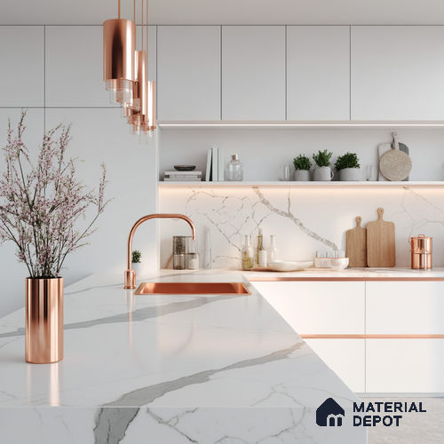 Belina Quartz QR 00294 Calacatta White Crystal Helsinki Series 10.5 ft x 5.35 ft Quartz - 20 mm | 10 Years and Replacement Warranty | Suitable for Kitchen, Restaurant, Counter Tops, Dining, Reception, office