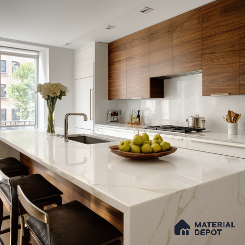 Belina Quartz QR 00287 Calacatta Solaro Gold Helsinki Series 10.5 ft x 5.35 ft Quartz - 20 mm | 10 Years and Replacement Warranty | Suitable for Kitchen, Restaurant, Counter Tops, Dining, Reception, office