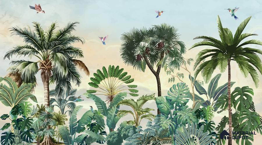 Jungle Garden Wall Mural Illustration Wallpaper Bringing Nature into Interior Spaces Wallpaper | Material Depot