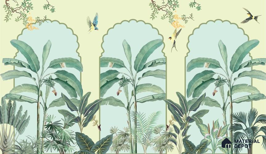 Majestic Mughal Garden Wall Mural Wallpaper with Arched Tropical Paradise Wallpaper | Material Depot