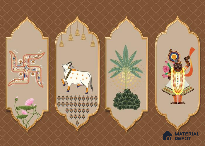 Sacred Pichwai Cow Wallpaper with Divine Balaji Motifs and Traditional Detailing Wallpaper | Material Depot