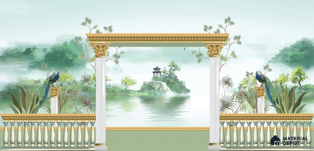 Watercolor Garden Arch Wallpaper with Peacock Mountain Lake and Serene Landscape Wallpaper | Material Depot
