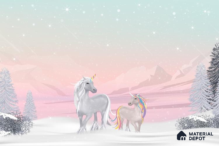 Winter Holiday Scene Wallpaper with a Magical Unicorn in Falling Snow Wallpaper | Material Depot