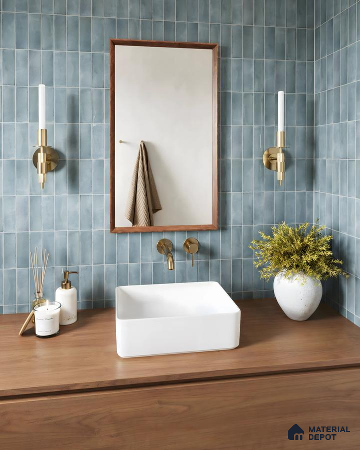 Blue Subway tiles with Wooden Laminate Embassy Springs Devanahalli | Material Depot