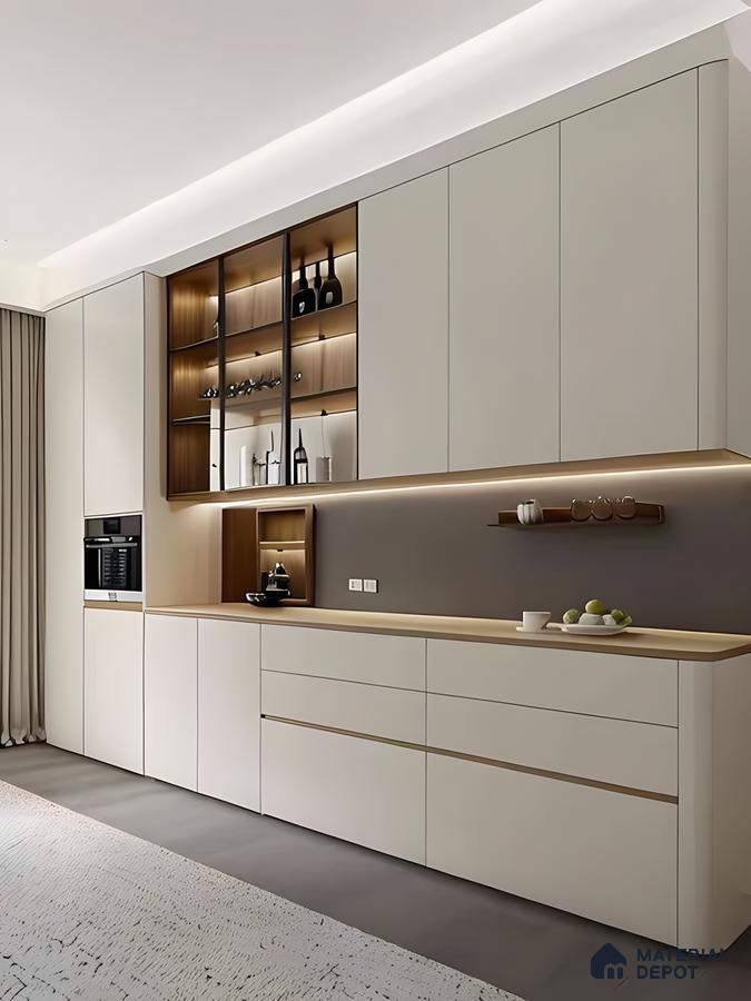  Modern Kitchen With Matte Beige Laminates, Wooden Countertops & Backlit Display Shelves | Material Depot