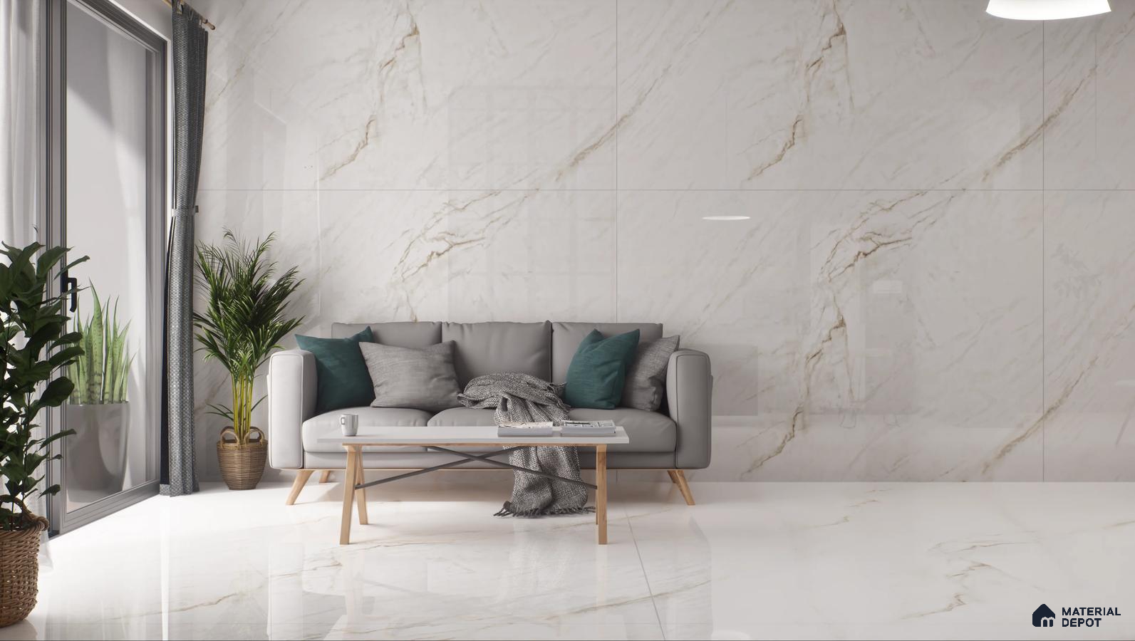 Modern living room with marble walls and grey sofa | Material Depot