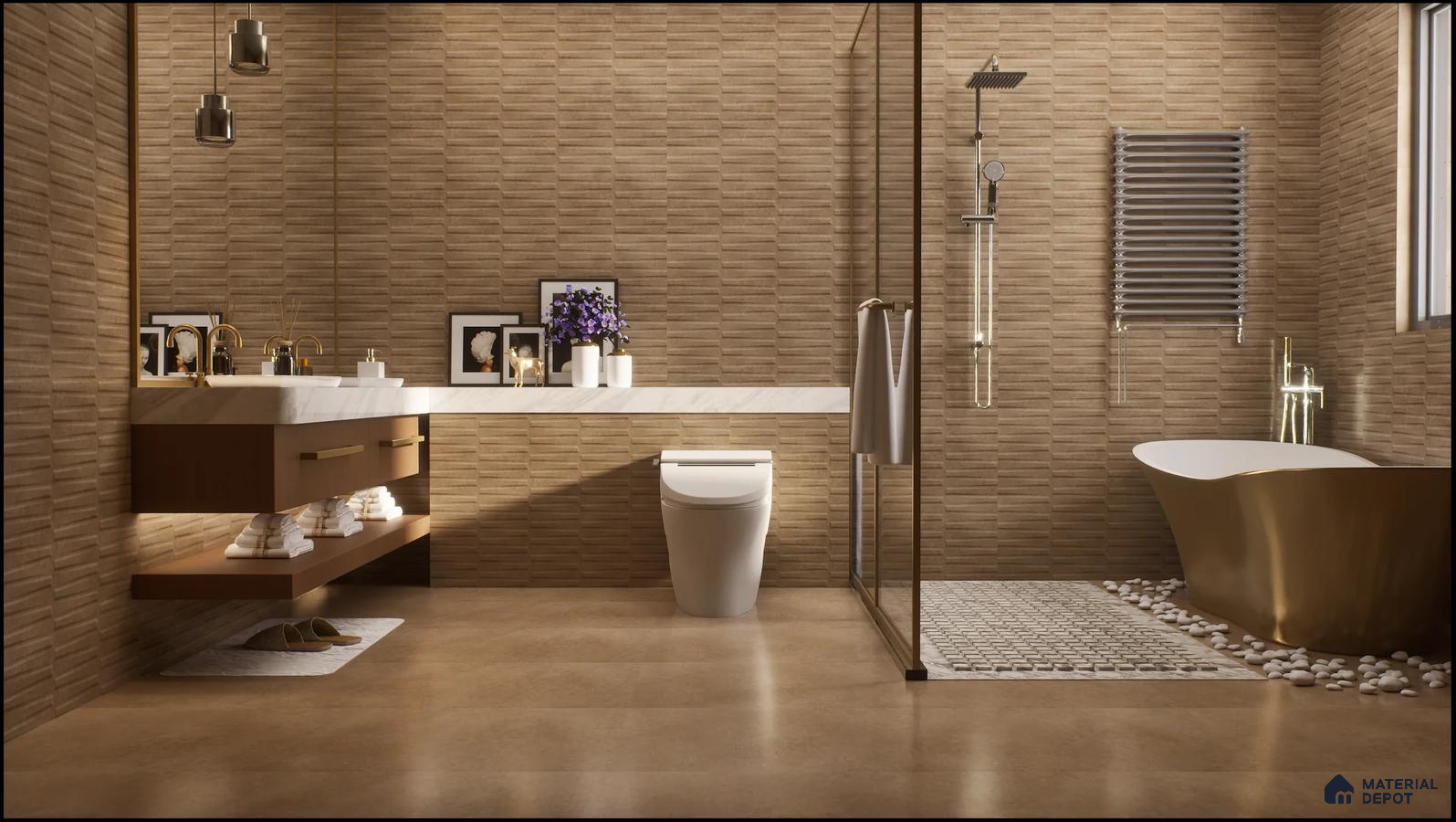 Elegant bathroom with golden bathtub and modern fixtures | Material Depot