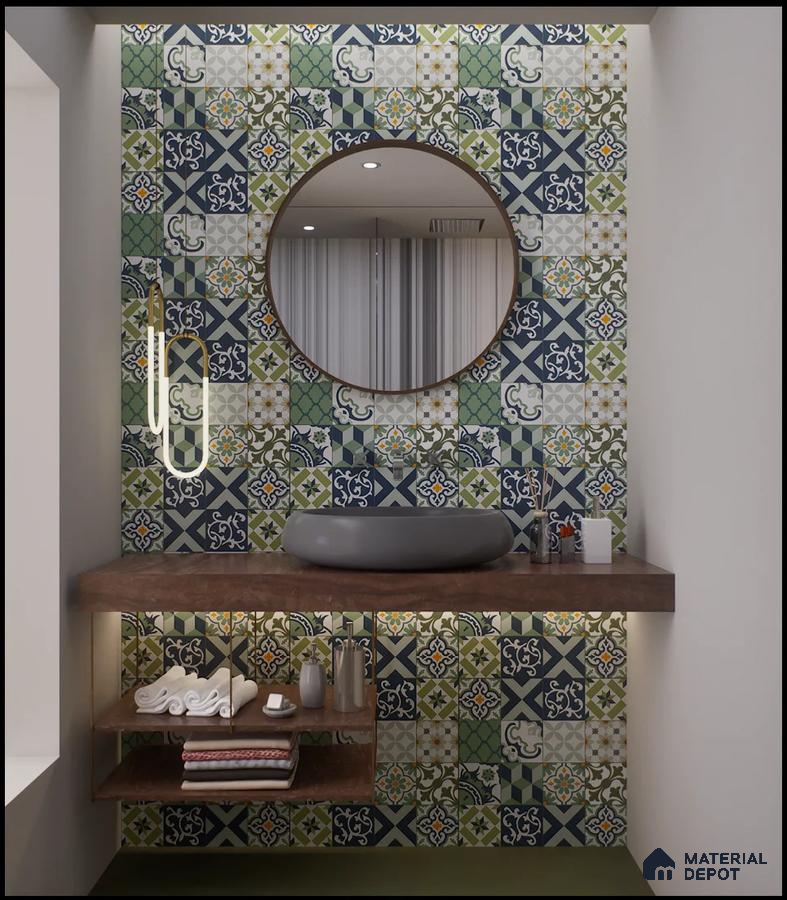 Bathroom vanity with vibrant, patterned tiles and a round mirror. | Material Depot