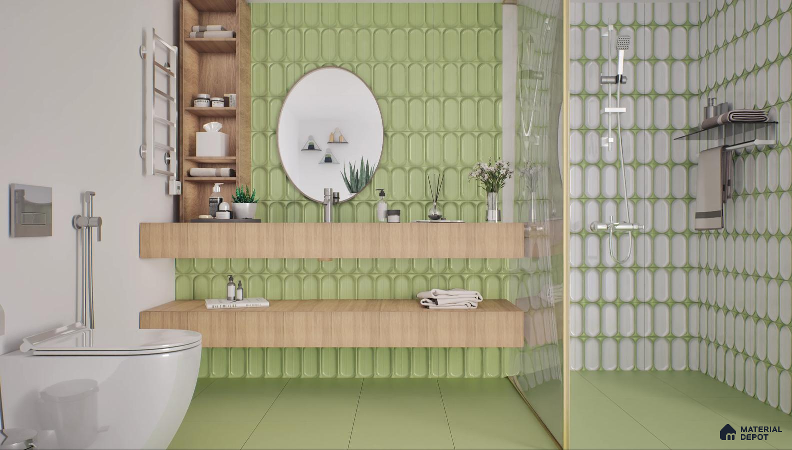 Contemporary bathroom featuring green accent tiles and a floating wooden vanity | Material Depot
