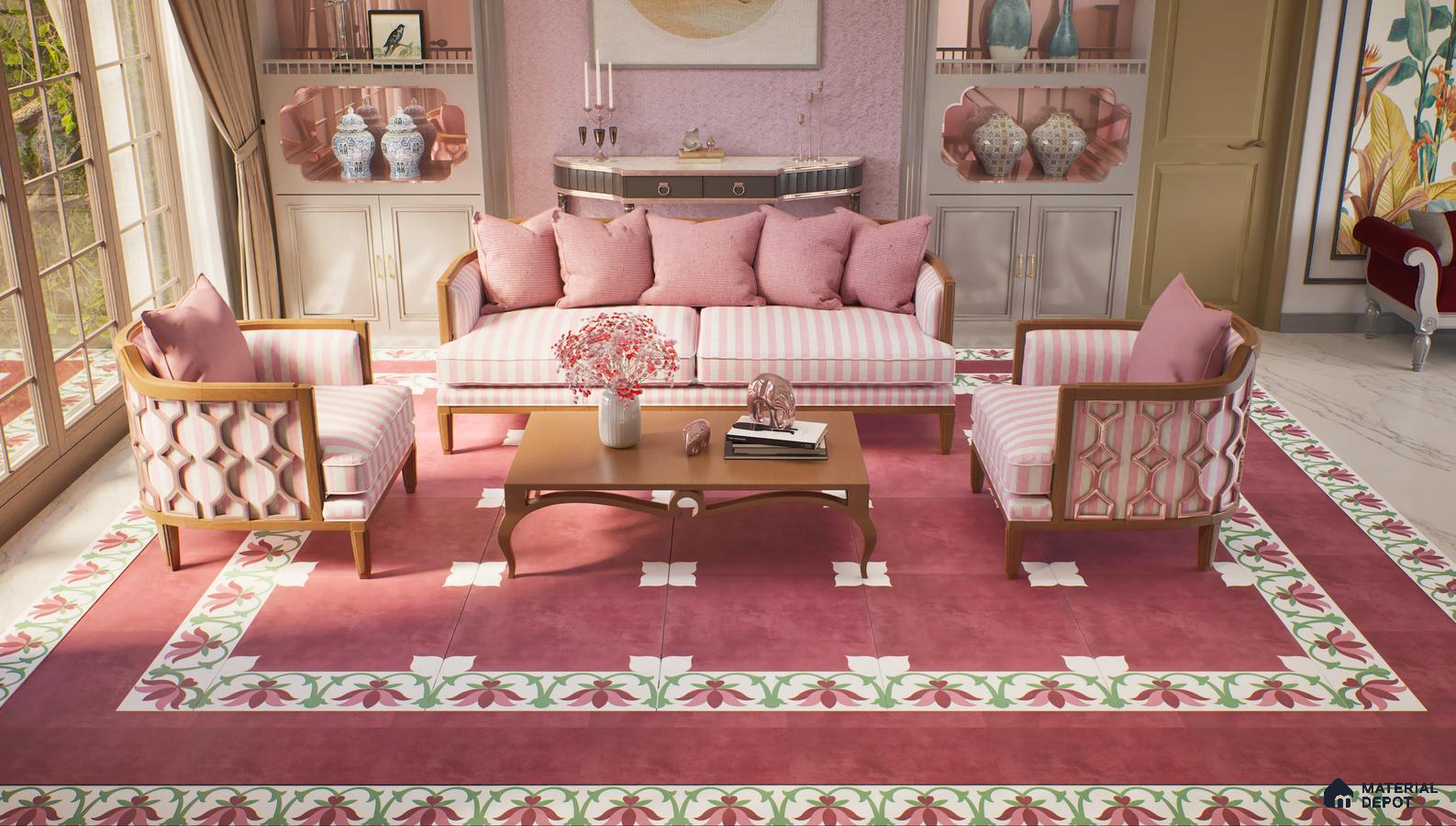 Elegant living room decorated in shades of pink with classic furniture and floral patterned tiles | Material Depot