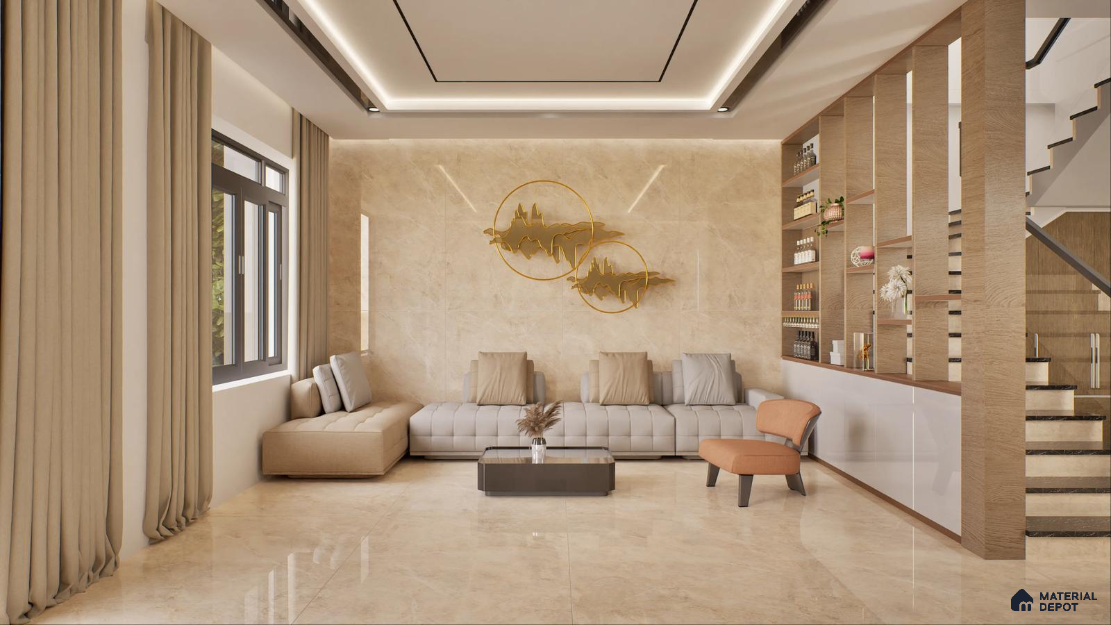 Modern living room featuring a beige color palette, contemporary furniture, and stylish wall art | Material Depot