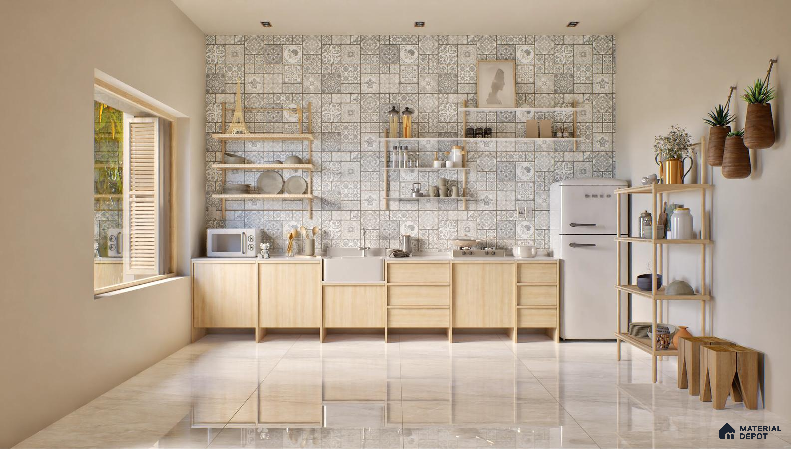 Scandinavian kitchen with light wood cabinets and patterned tiles | Material Depot