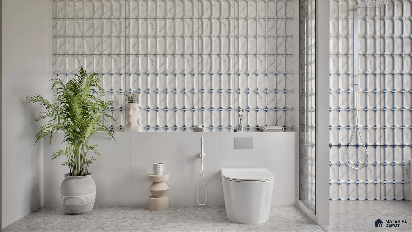 A modern bathroom featuring geometric wall tiles, a potted plant, a sculptural side table, and a sleek toilet. | Material Depot