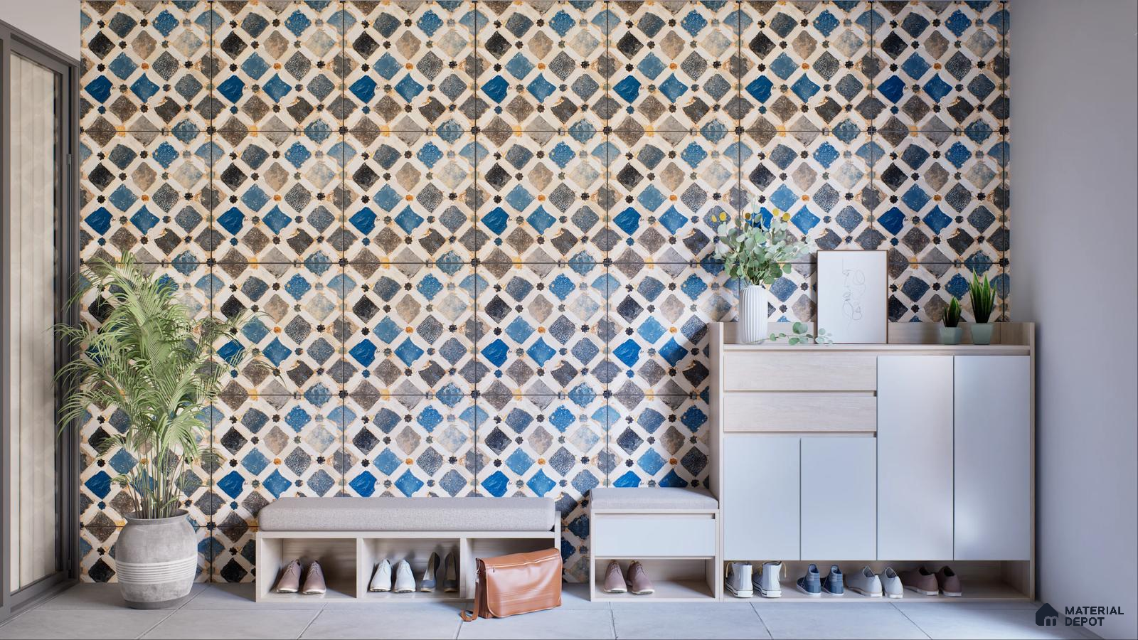 Stylish entryway featuring vibrant blue and gold patterned tiles, a modern shoe storage bench, potted plants, and a sleek storage cabinet. | Material Depot